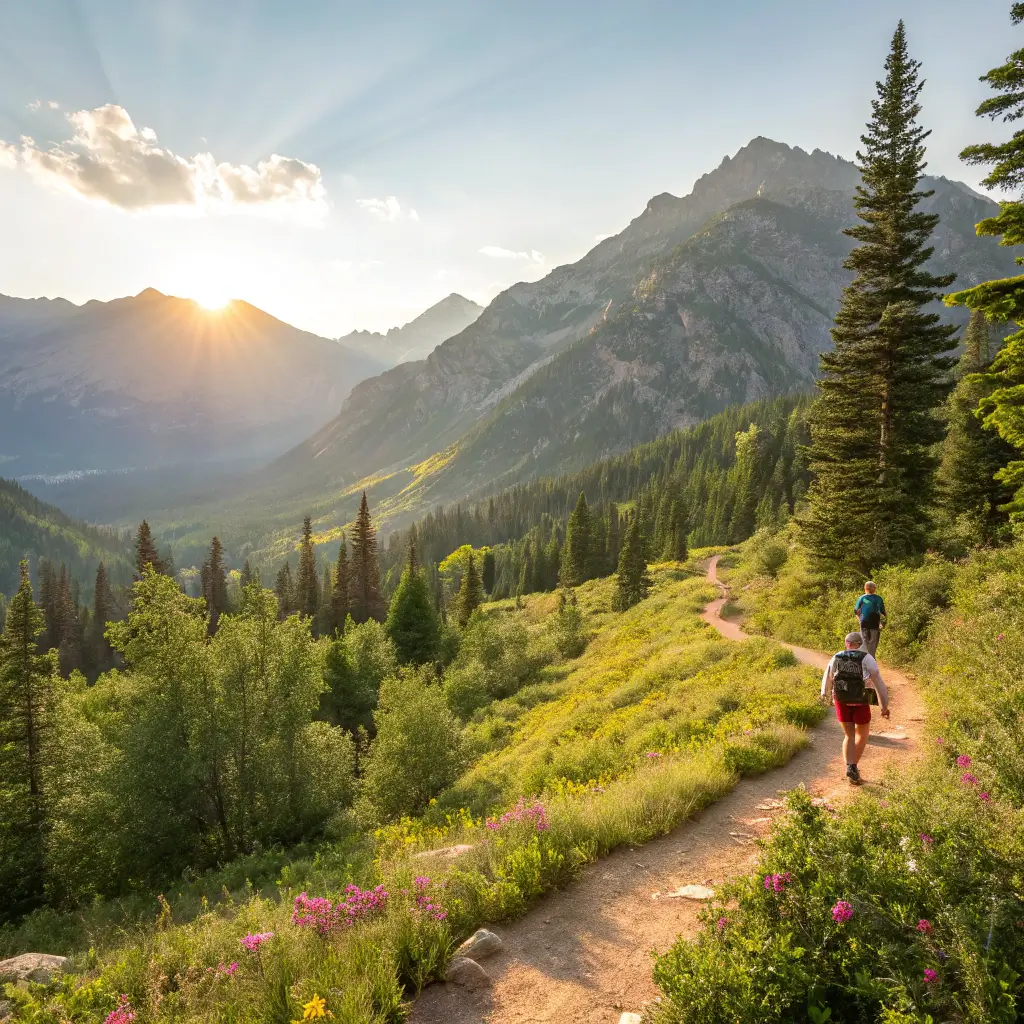Hikers on a scenic trail in Salt Lake City, surrounded by mountains and trees under a clear blue sky.