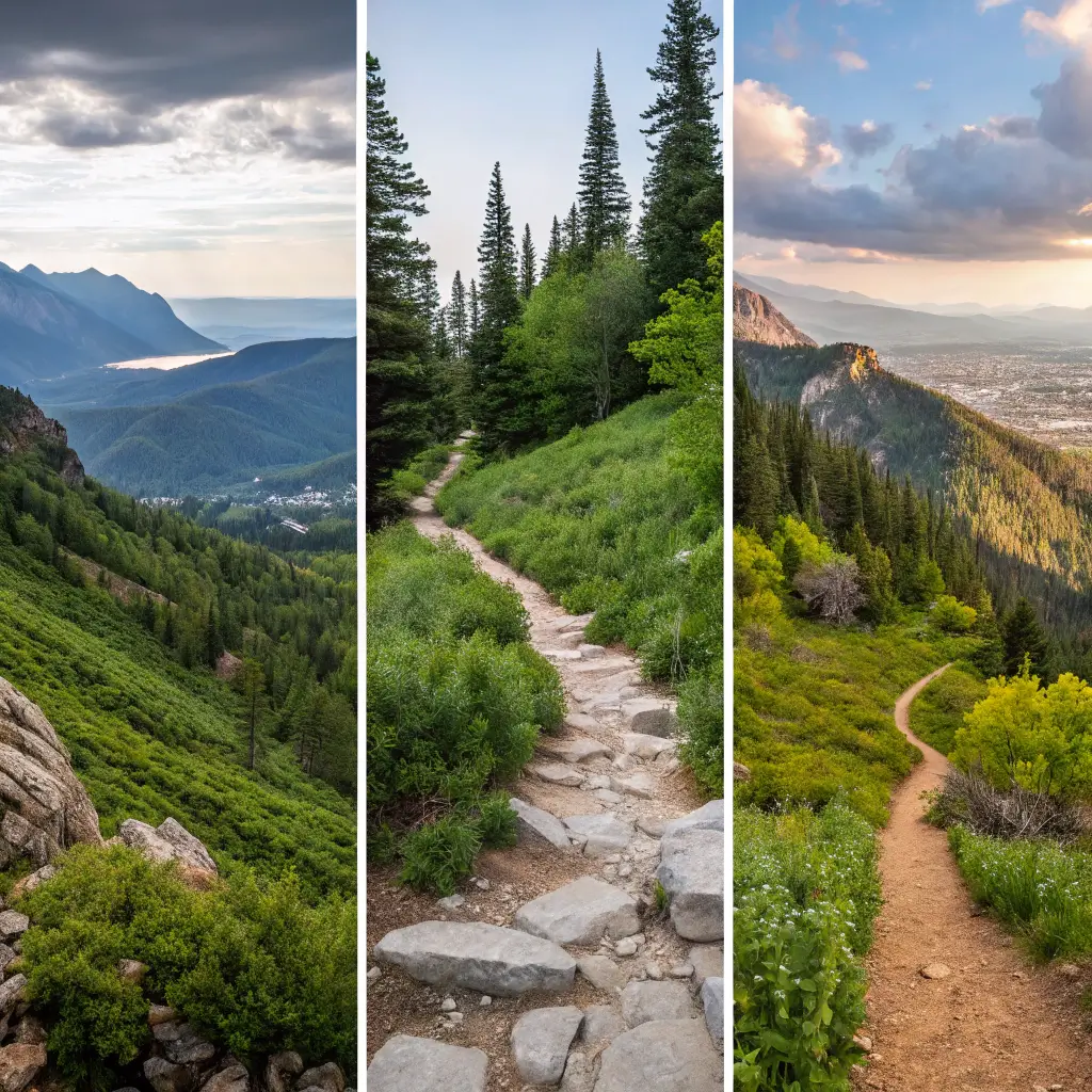 A collage showing three hiking trails in Salt Lake City, highlighting easy, moderate, and challenging terrains.