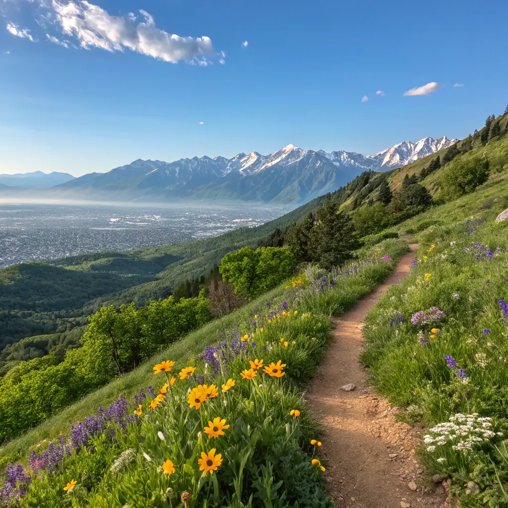 A vibrant spring scene along a hiking trail in Salt Lake City, with blooming wildflowers and clear skies.