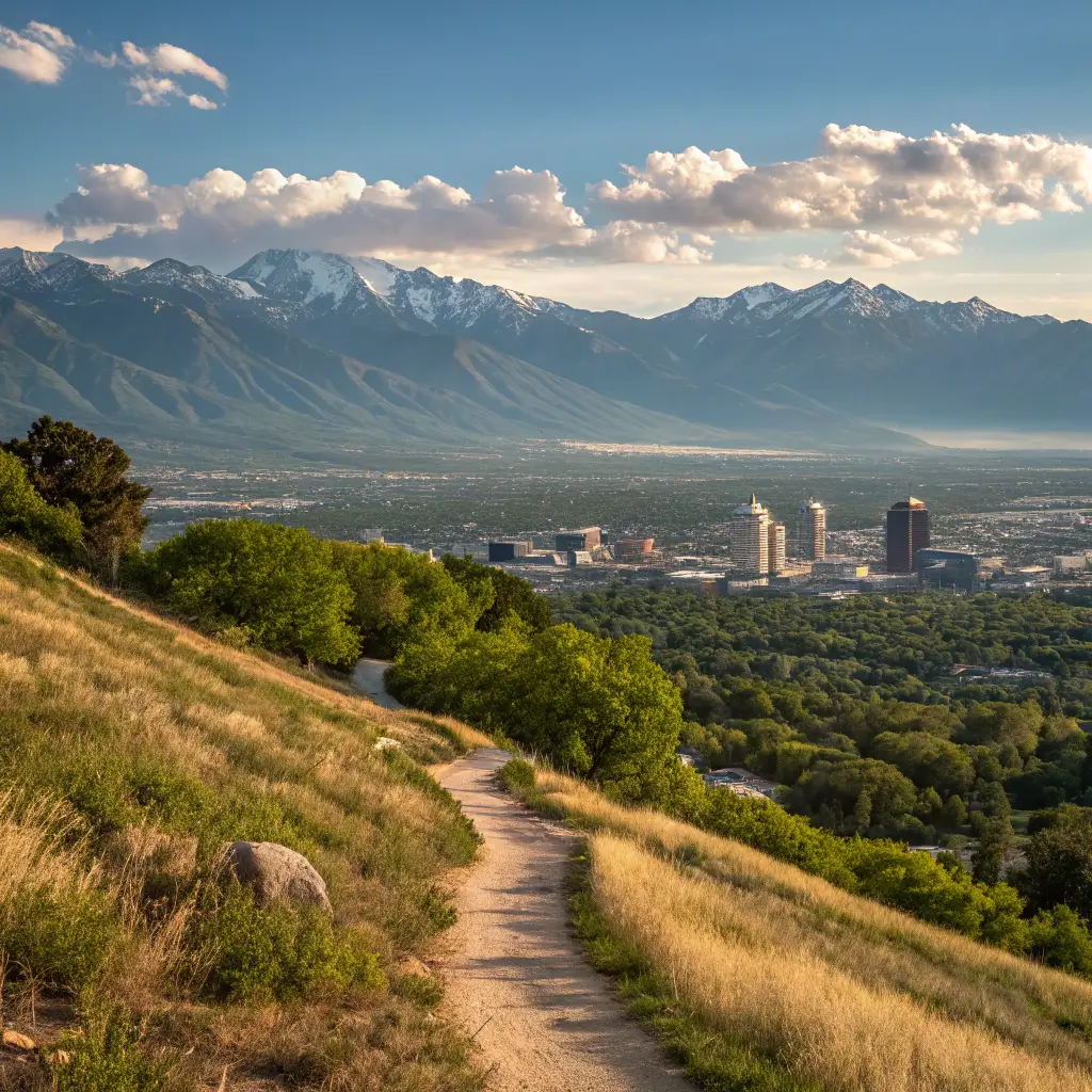 A panoramic view of Salt Lake City from a hiking trail, with the city and mountains in the background.