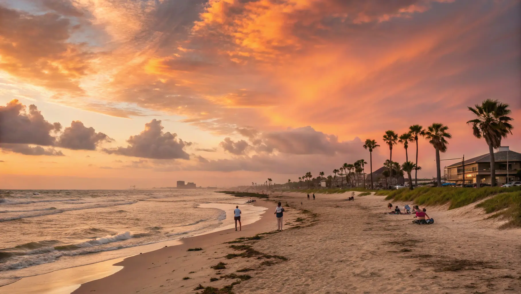 A beautiful Texas beach at sunset with golden sands, gentle waves, and beachgoers enjoying the view.