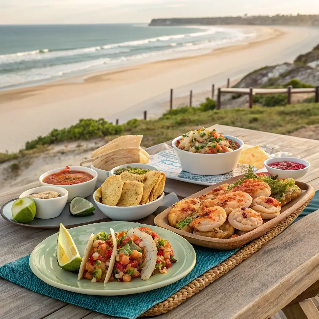 A delicious spread of Texas beach cuisine, including seafood and Tex-Mex dishes, set against a beach backdrop.