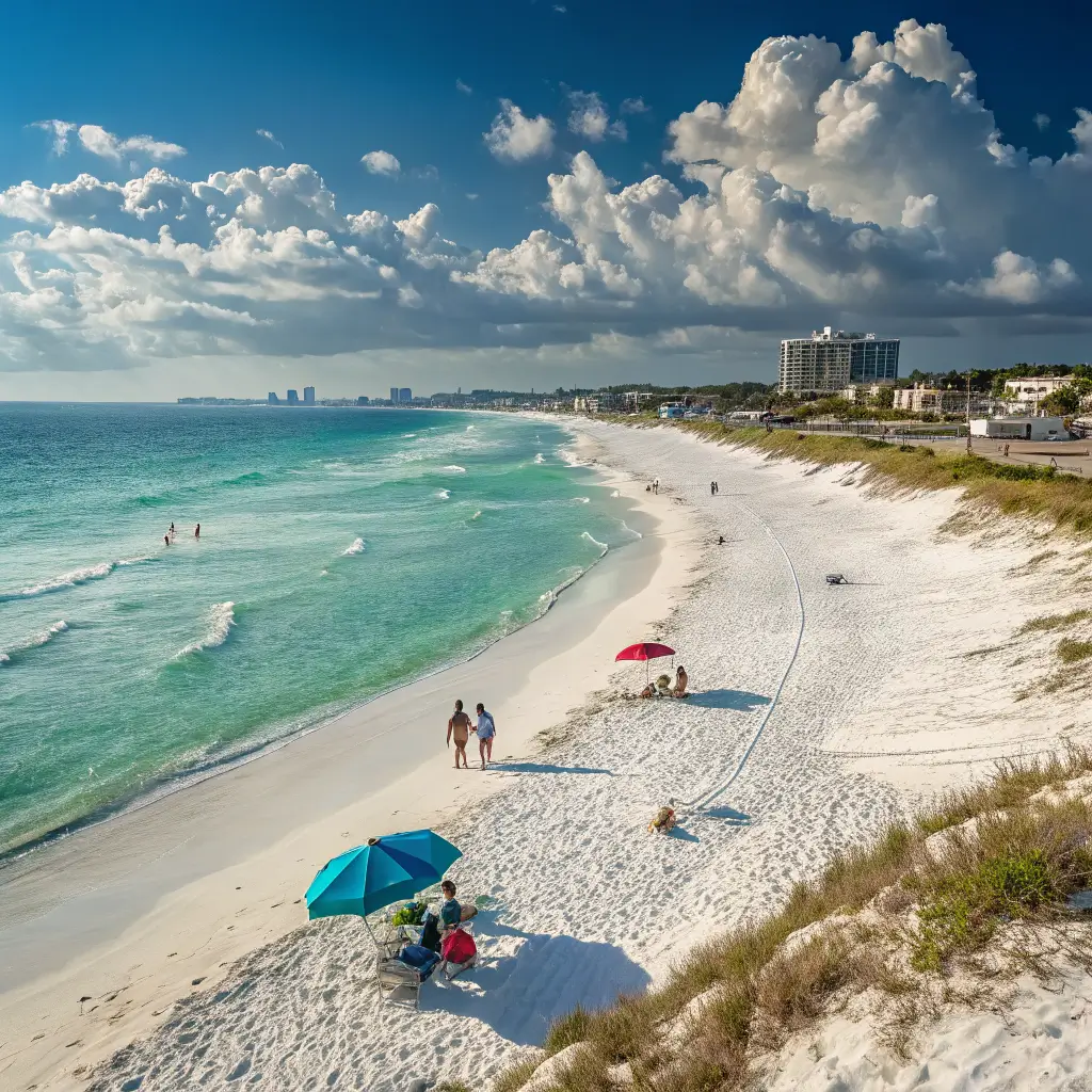 A vibrant Texas beach scene with families enjoying the sun, soft sand, and clear blue waters.
