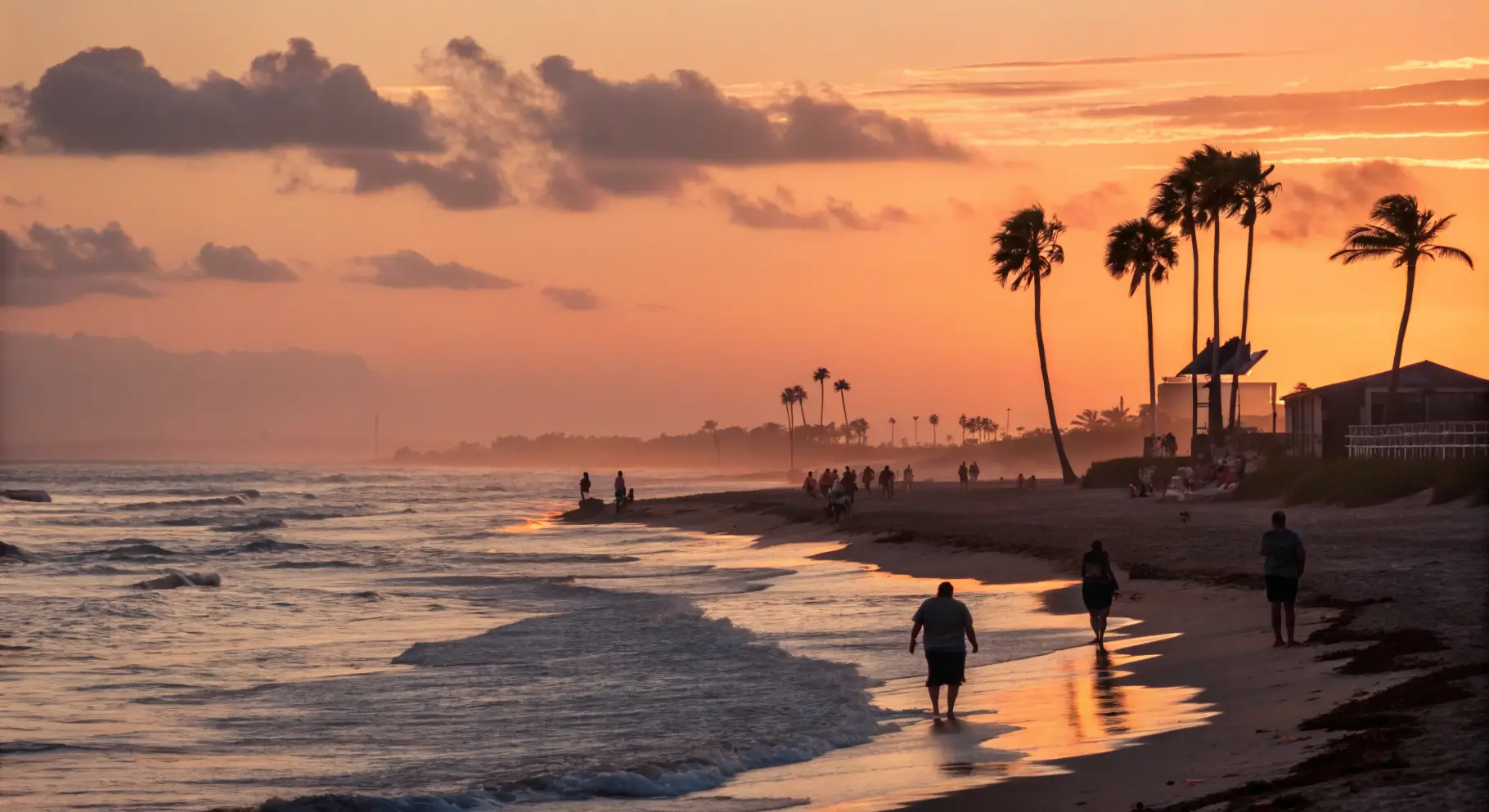 Tranquil sunset view over a Texas beach with silhouettes of people.
