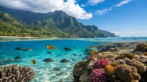 Close-up view of coral reefs and marine life at Tunnels Beach Kauai, with colorful fish swimming.