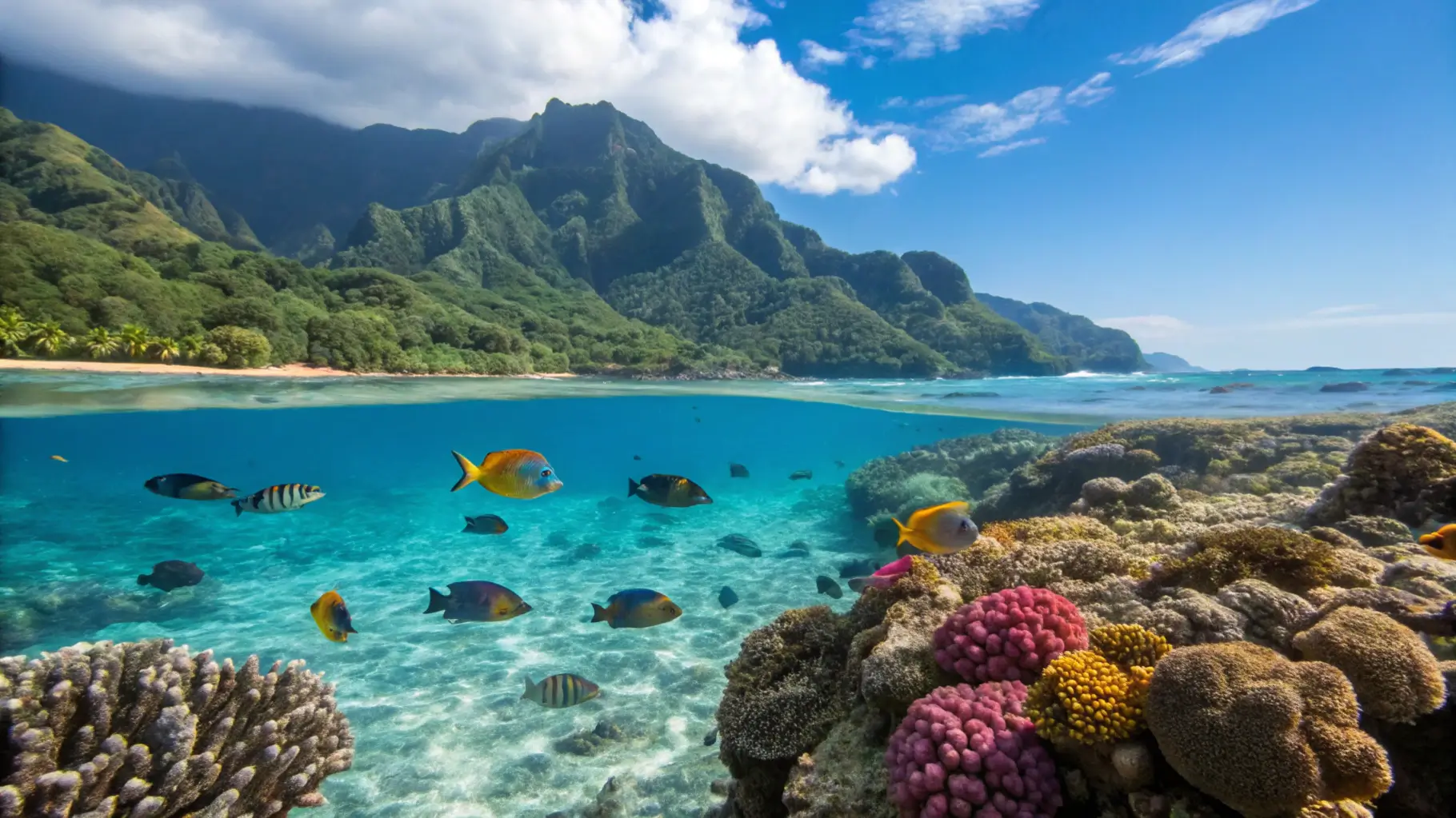 Close-up view of coral reefs and marine life at Tunnels Beach Kauai, with colorful fish swimming.