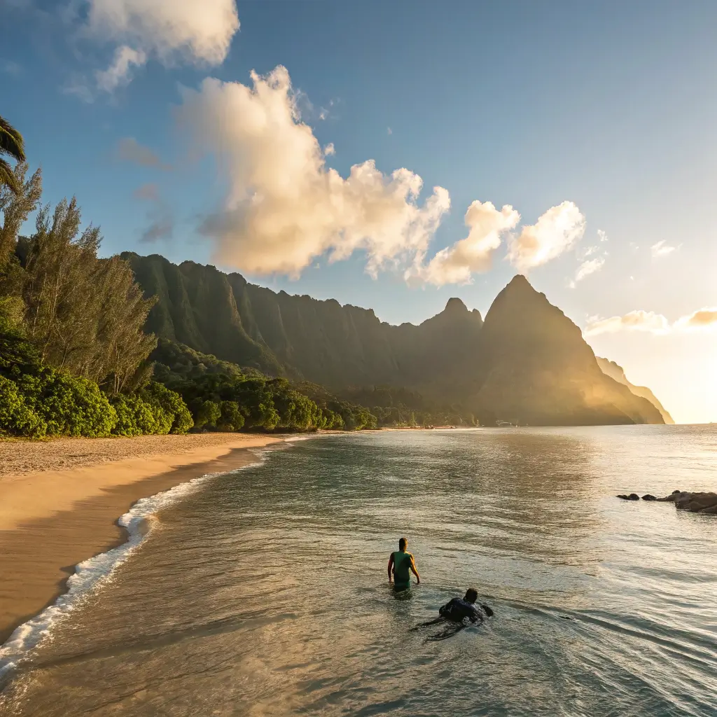 Early morning at Tunnels Beach, with calm waters and snorkelers preparing to explore the underwater world.