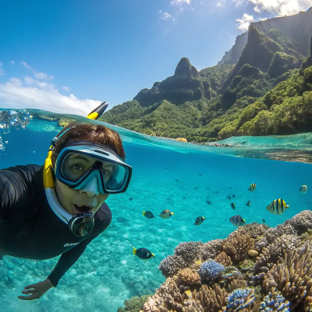 A snorkeler at Tunnels Beach, excitedly exploring the underwater world with a mask and snorkel.