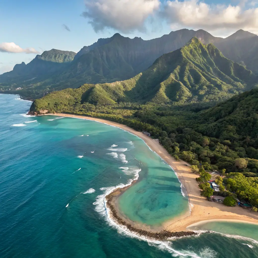Aerial view of Tunnels Beach Kauai, featuring turquoise waters, golden sands, and lush green mountains.