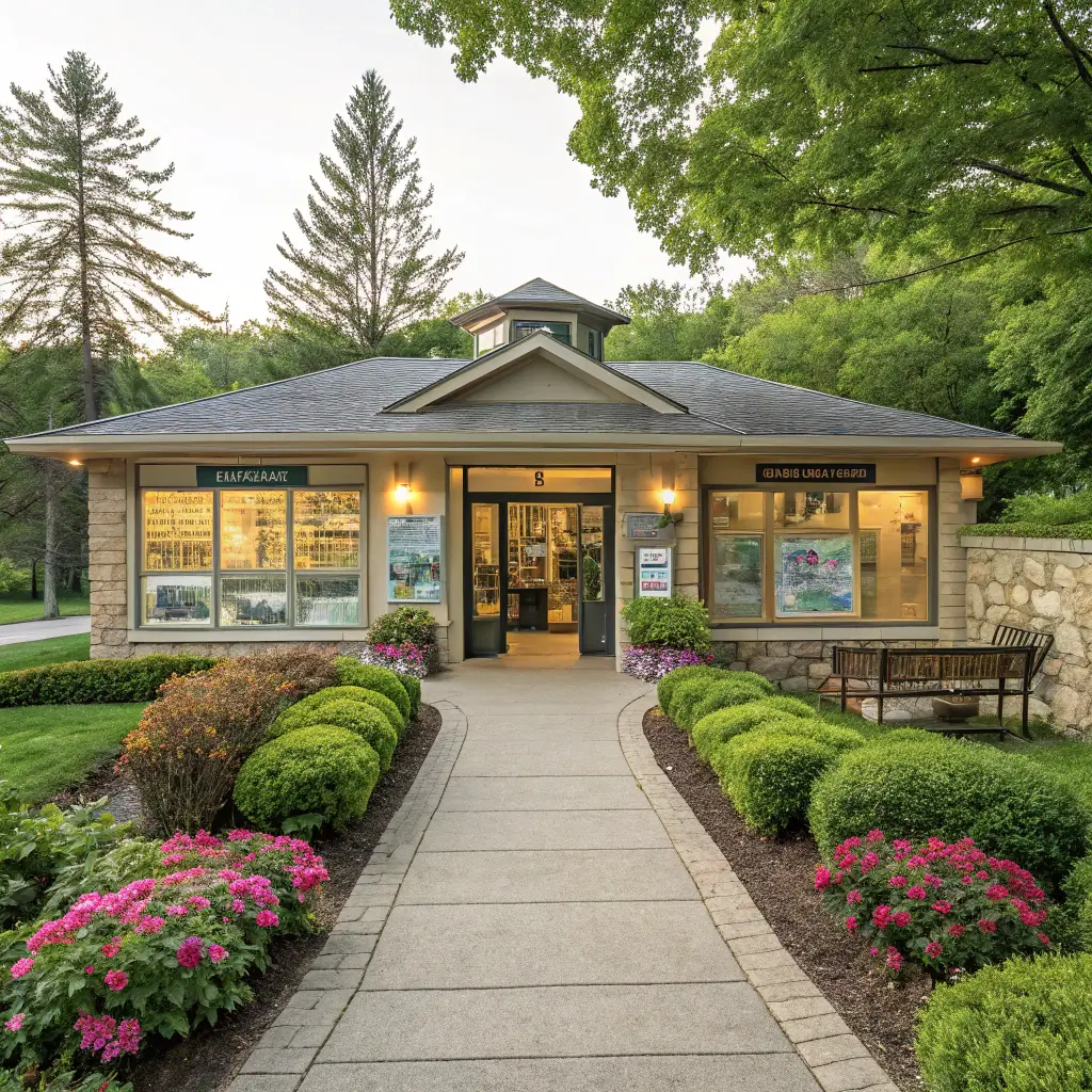 A visitor center at Watkins Glen State Park, featuring information boards and maps, surrounded by beautiful landscaping.