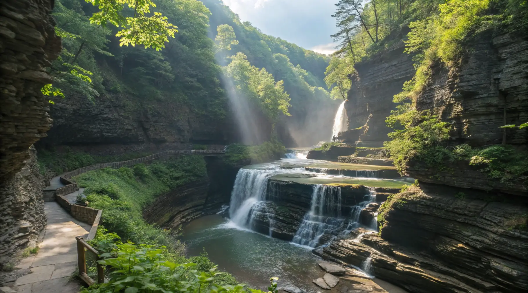 A stunning view of the Watkins Glen Waterfalls, featuring multiple cascades surrounded by vibrant green foliage and rocky terrain, illuminated by sunlight.