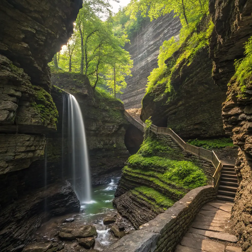 Cavern Cascade waterfall flowing through a rocky gorge, surrounded by lush moss and greenery, with sunlight reflecting off the water.