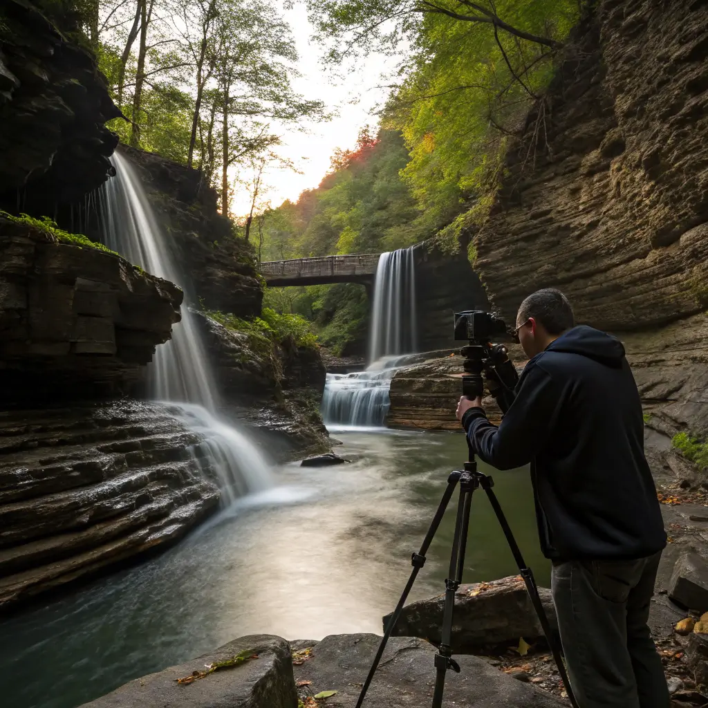 A photographer using a tripod to capture the stunning waterfalls of Watkins Glen, with a beautiful cascade surrounded by nature.