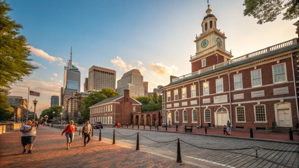 Independence Hall in Philadelphia with tourists exploring the historic area during golden hour