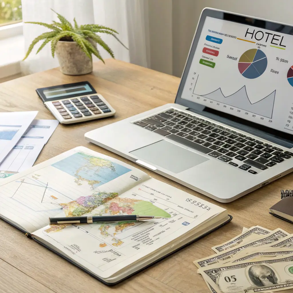 Travel planning workspace showing laptop, calculator, and budget planning materials for affordable USA destinations research