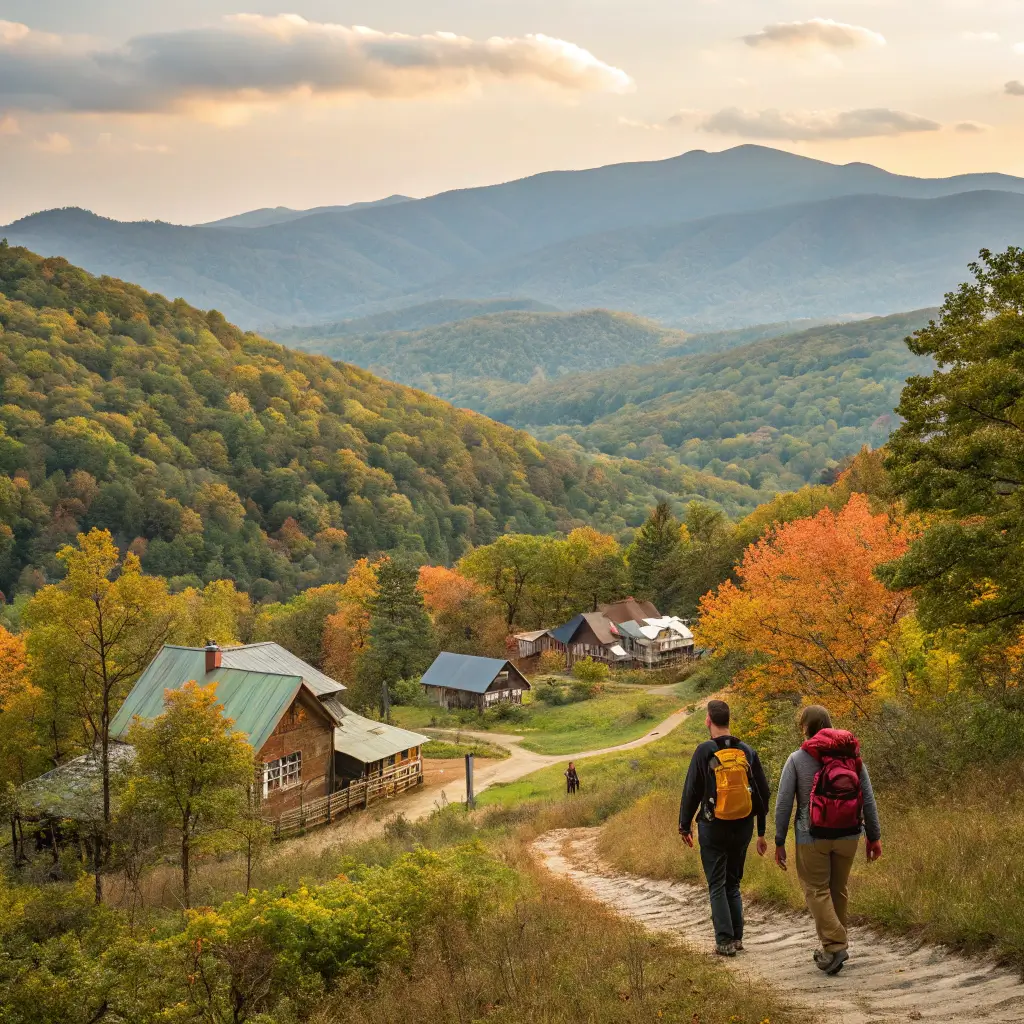 Couple hiking in Asheville's Blue Ridge Mountains during autumn