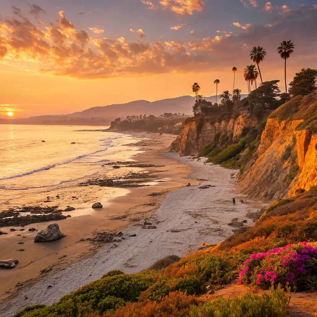 A vibrant scene at Butterfly Beach, highlighting tide pools, colorful marine life, and scenic rock formations during sunset.
