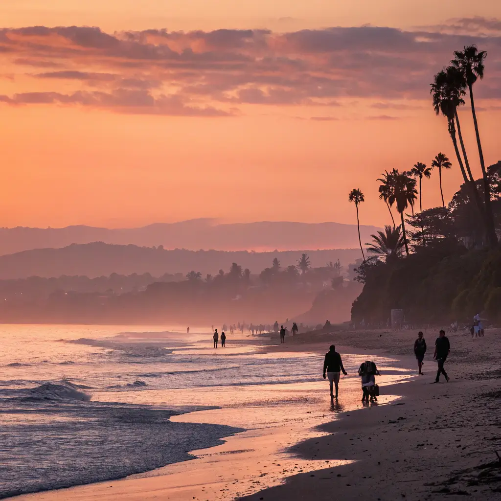 A tranquil sunset view of Butterfly Beach with silhouettes of people enjoying the beach.