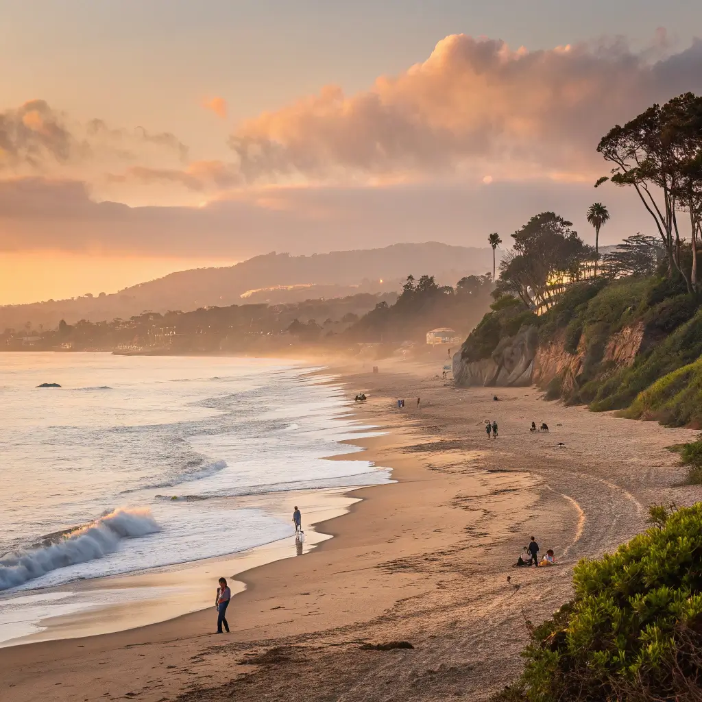 A peaceful morning at Butterfly Beach, with soft sunlight and early visitors preparing for a day at the beach.