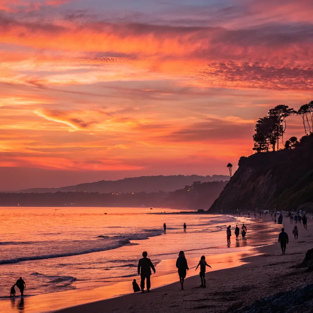A beautiful sunset over Butterfly Beach, with vibrant colors and silhouettes of beachgoers.