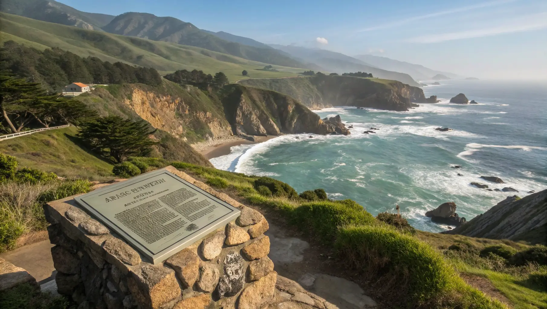 A historical marker at the California Coastal National Monument with a panoramic view of the coastline.