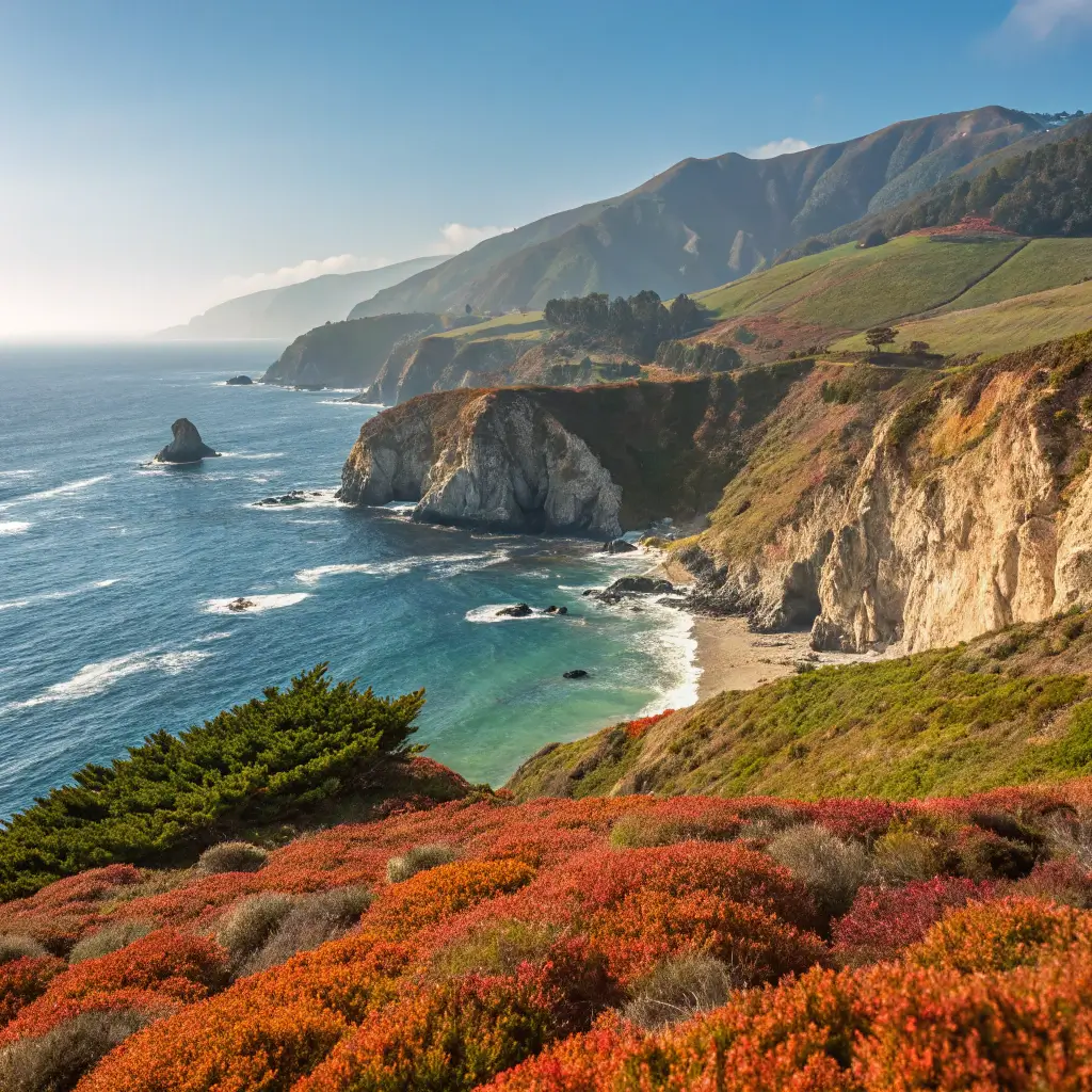 A stunning coastal landscape of the California Coastal National Monument featuring cliffs, ocean, and lush vegetation.