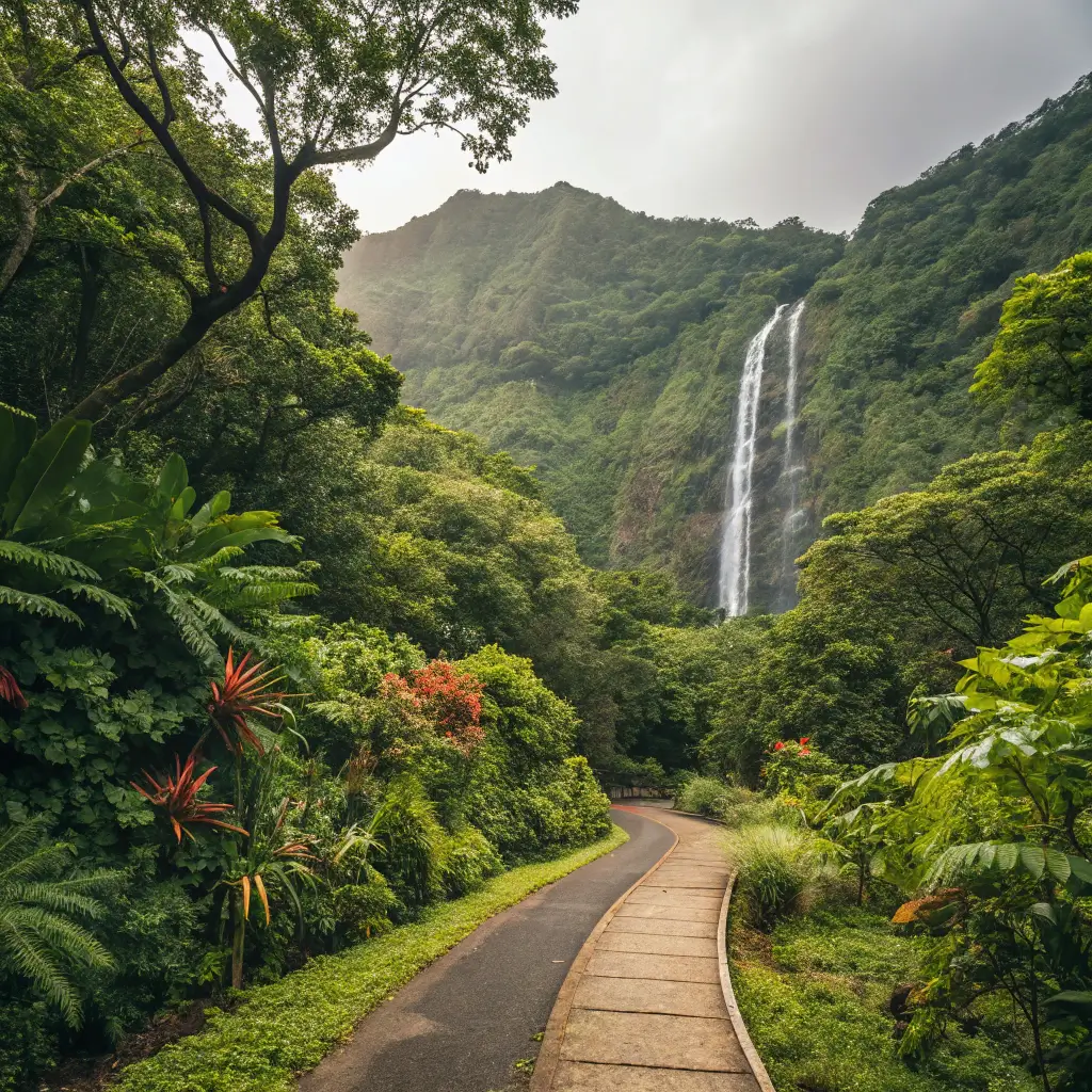 A scenic hiking path leading to Manoa Falls, surrounded by tropical trees.