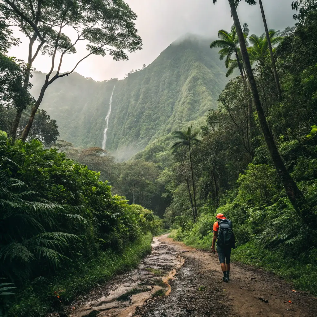 A hiker on the Manoa Falls trail, surrounded by dense tropical foliage.
