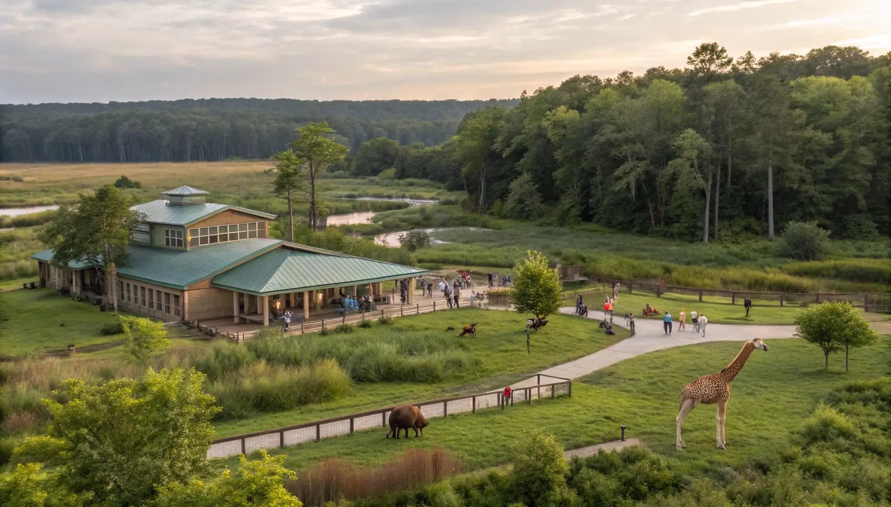A picturesque landscape of Oatland Island Wildlife Center featuring various animals and educational displays amidst vibrant greenery.