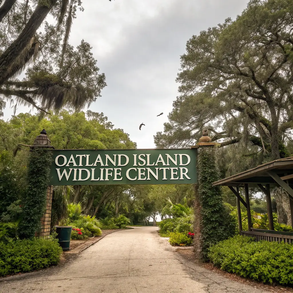 The entrance of Oatland Island Wildlife Center, featuring a welcoming sign and lush surroundings.