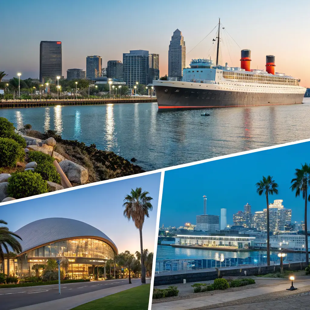 A collage showcasing the top attractions in Long Beach, including the Queen Mary, Aquarium of the Pacific, and Long Beach Museum of Art.