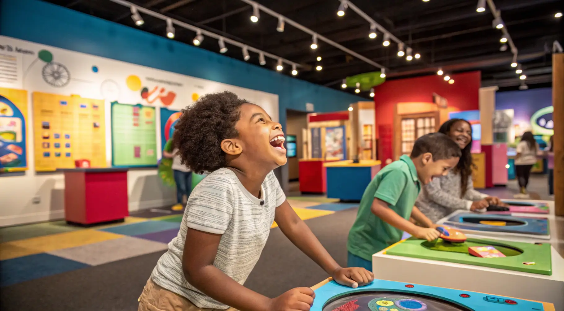 Children enjoying hands-on exhibits at an interactive museum in Long Beach, California.