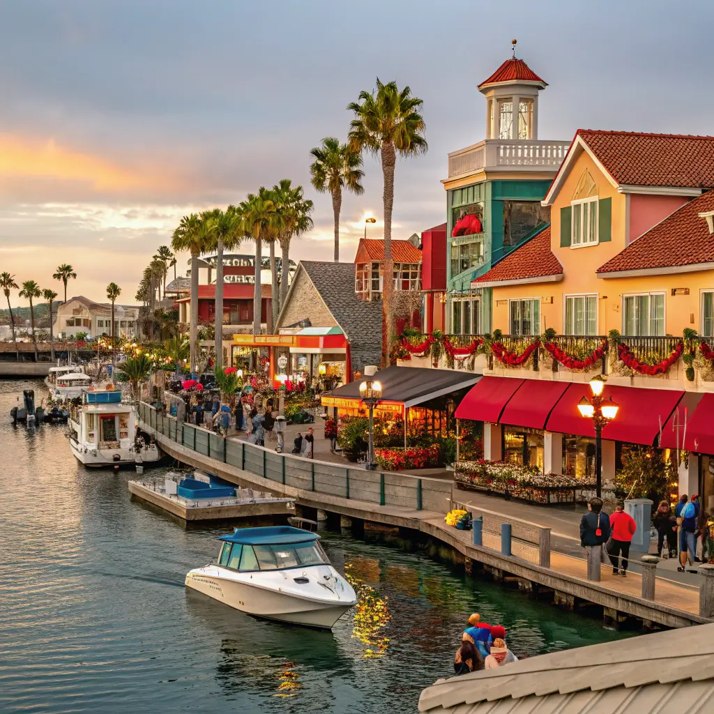 Families enjoying outdoor activities at Shoreline Village in Long Beach, California, with shops and restaurants in the background.