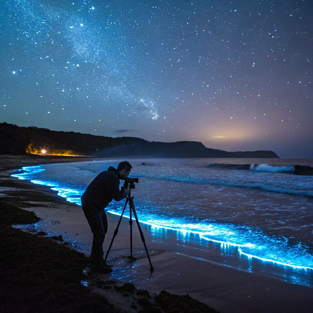 A photographer capturing a bioluminescent beach at night with a camera on a tripod.