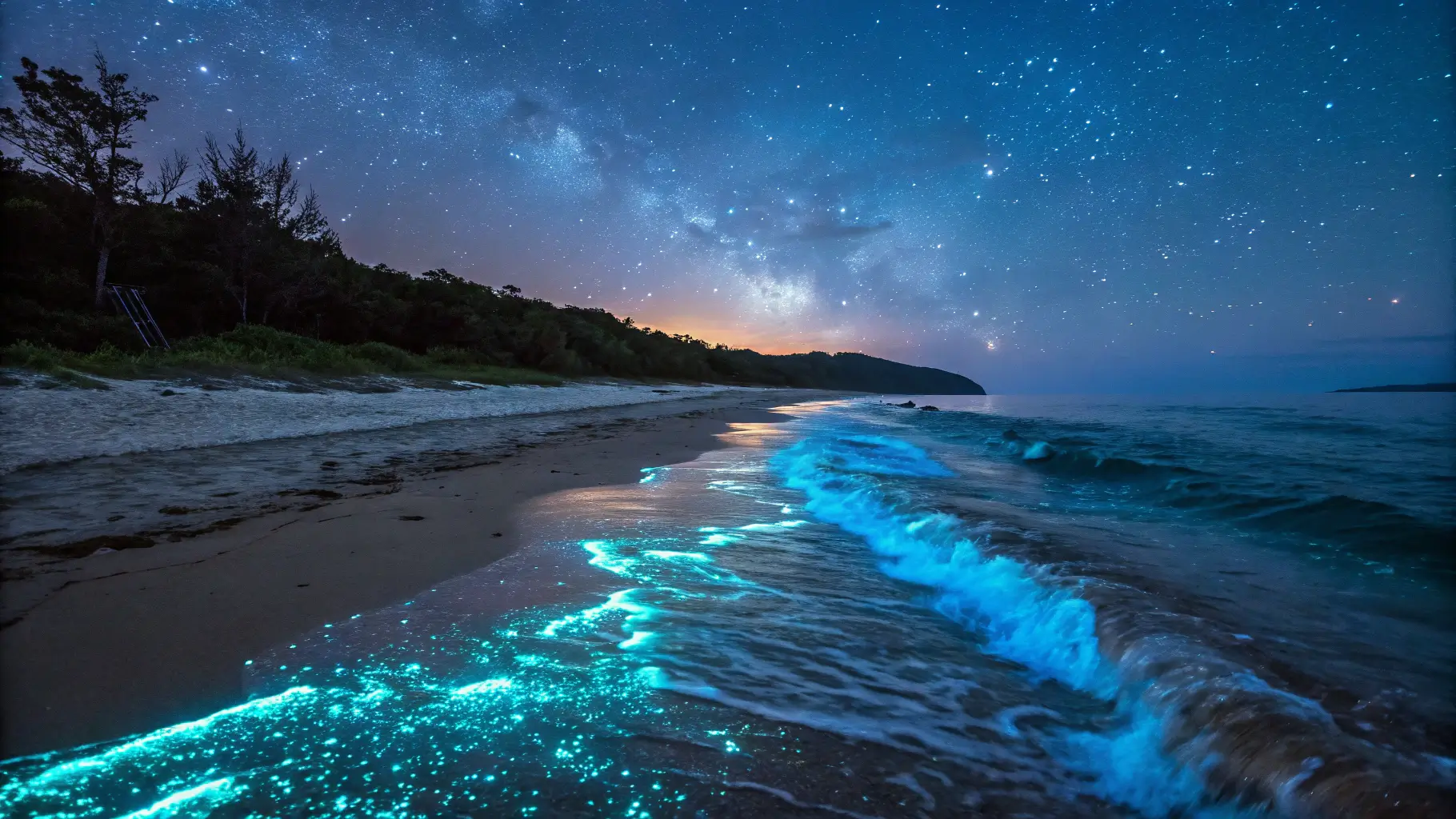 A breathtaking view of a bioluminescent beach at night, showcasing glowing waves and a starry sky.