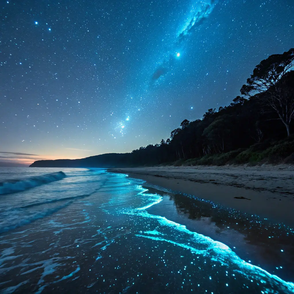 A tranquil bioluminescent beach at night, showcasing glowing waves under a starry sky.