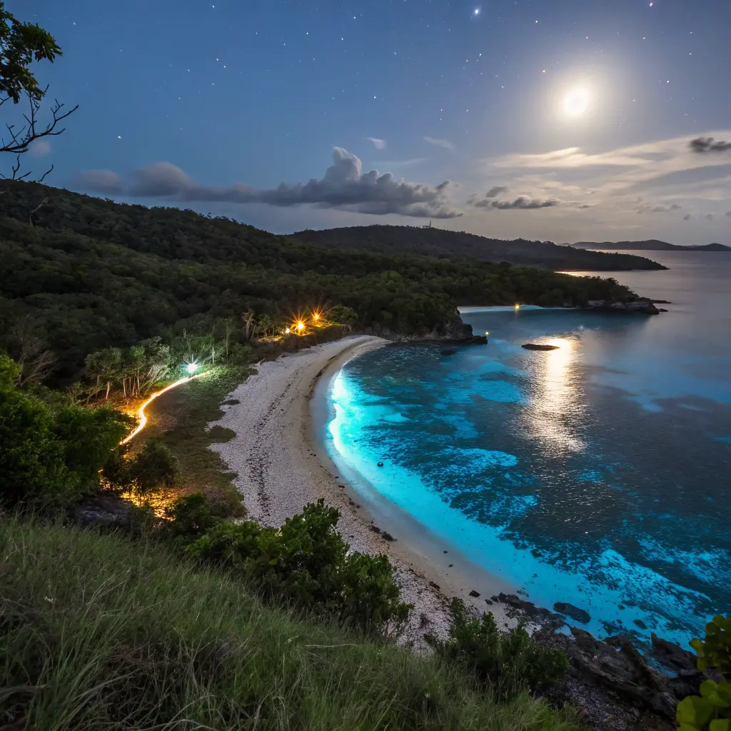A stunning view of Mosquito Bay in Vieques, Puerto Rico, with glowing bioluminescent waters at night.