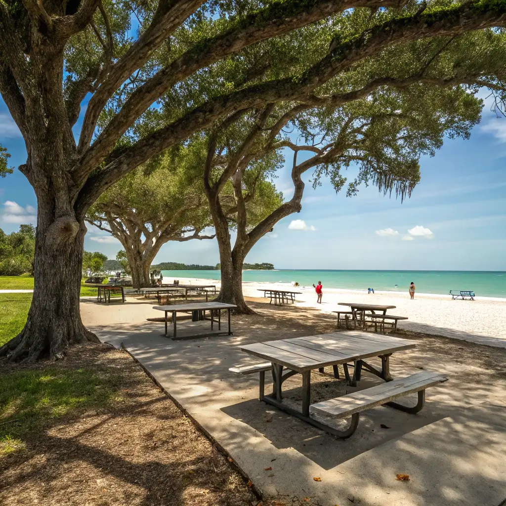 A clean picnic area at Caspersen Beach with tables under trees and the beach in the background.