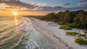 A picturesque sunset view of Caspersen Beach, featuring soft sandy shores and gentle waves under a golden sky.