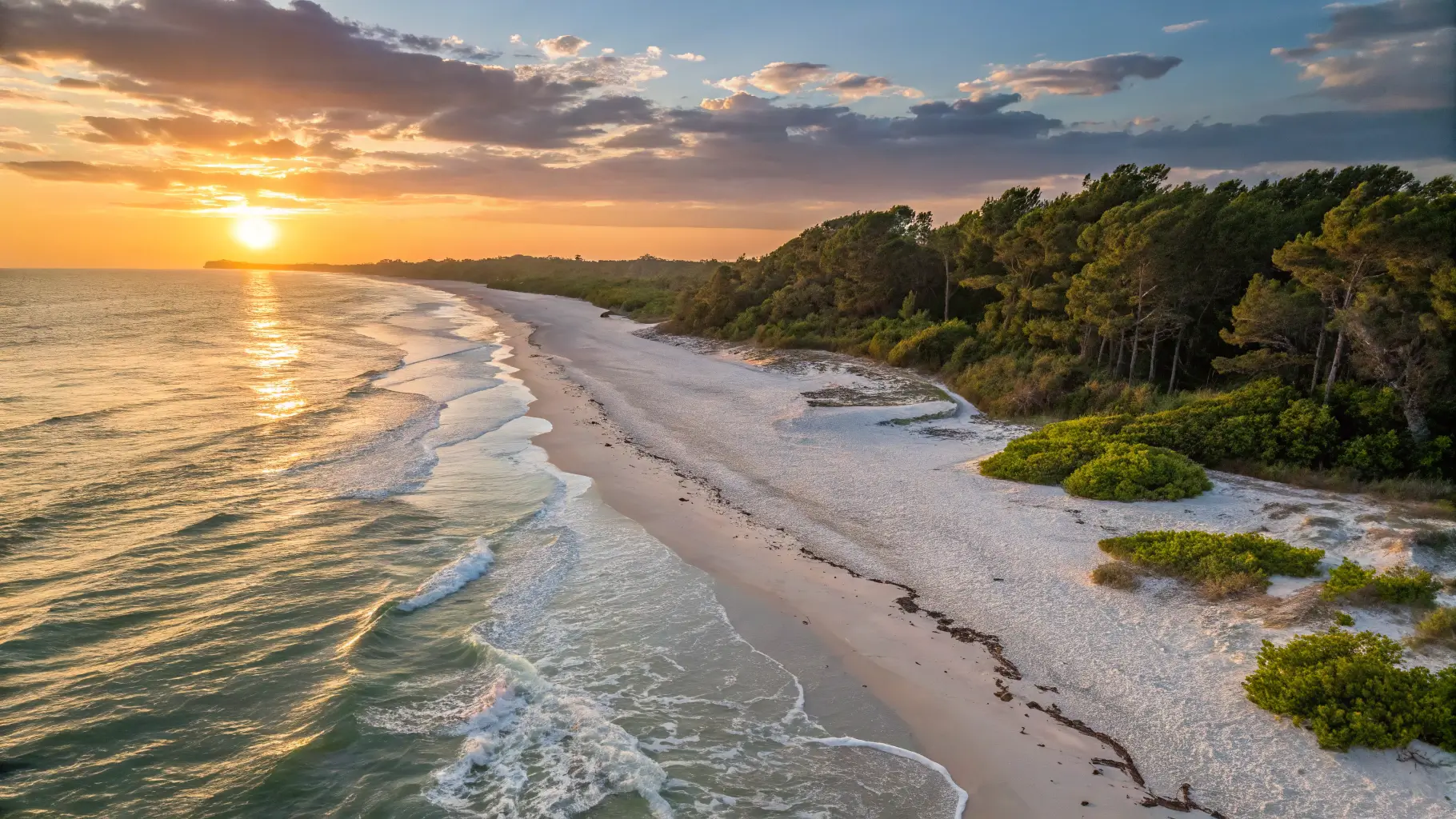 A picturesque sunset view of Caspersen Beach, featuring soft sandy shores and gentle waves under a golden sky.