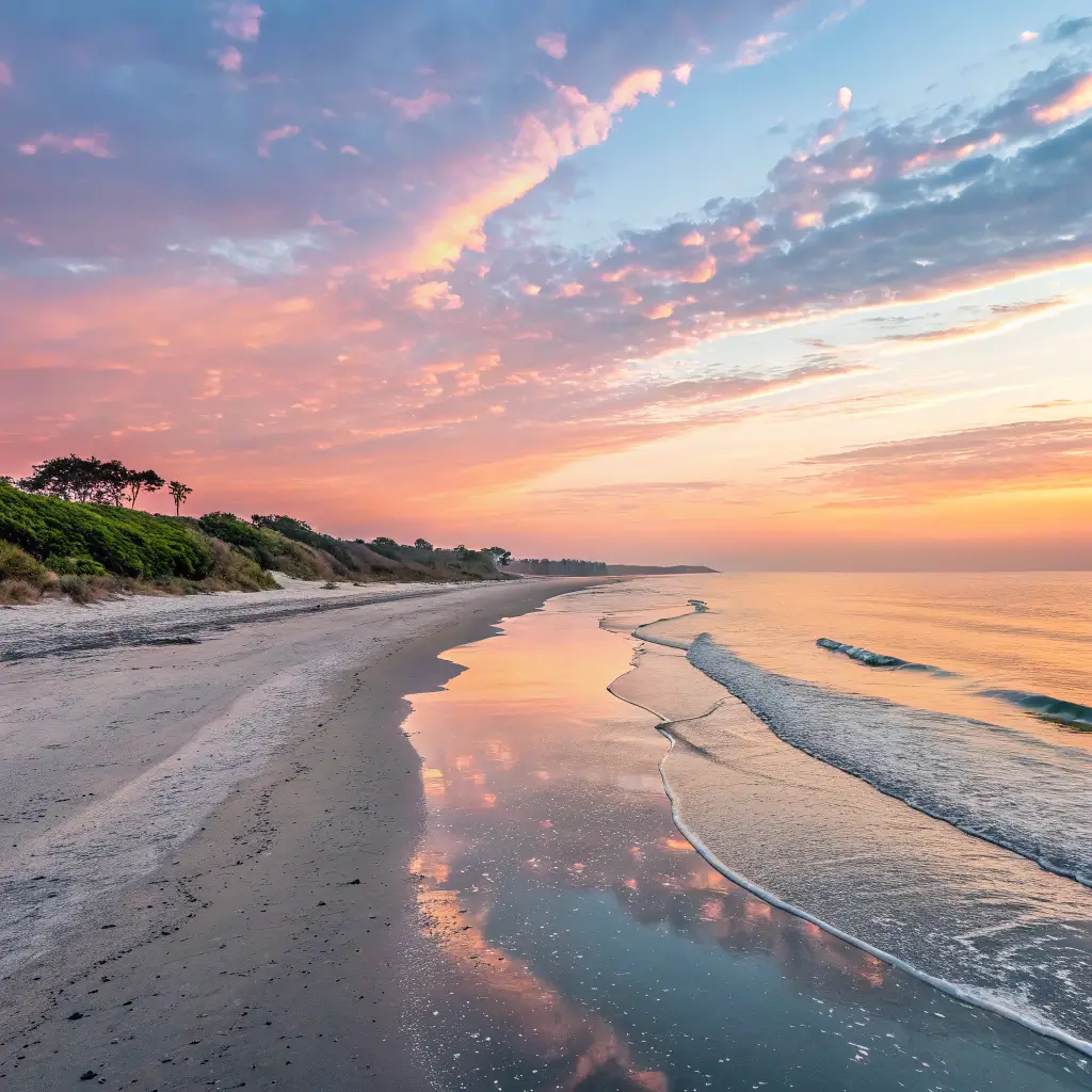 A stunning sunrise view of Caspersen Beach, with pastel colors in the sky and calm waters.