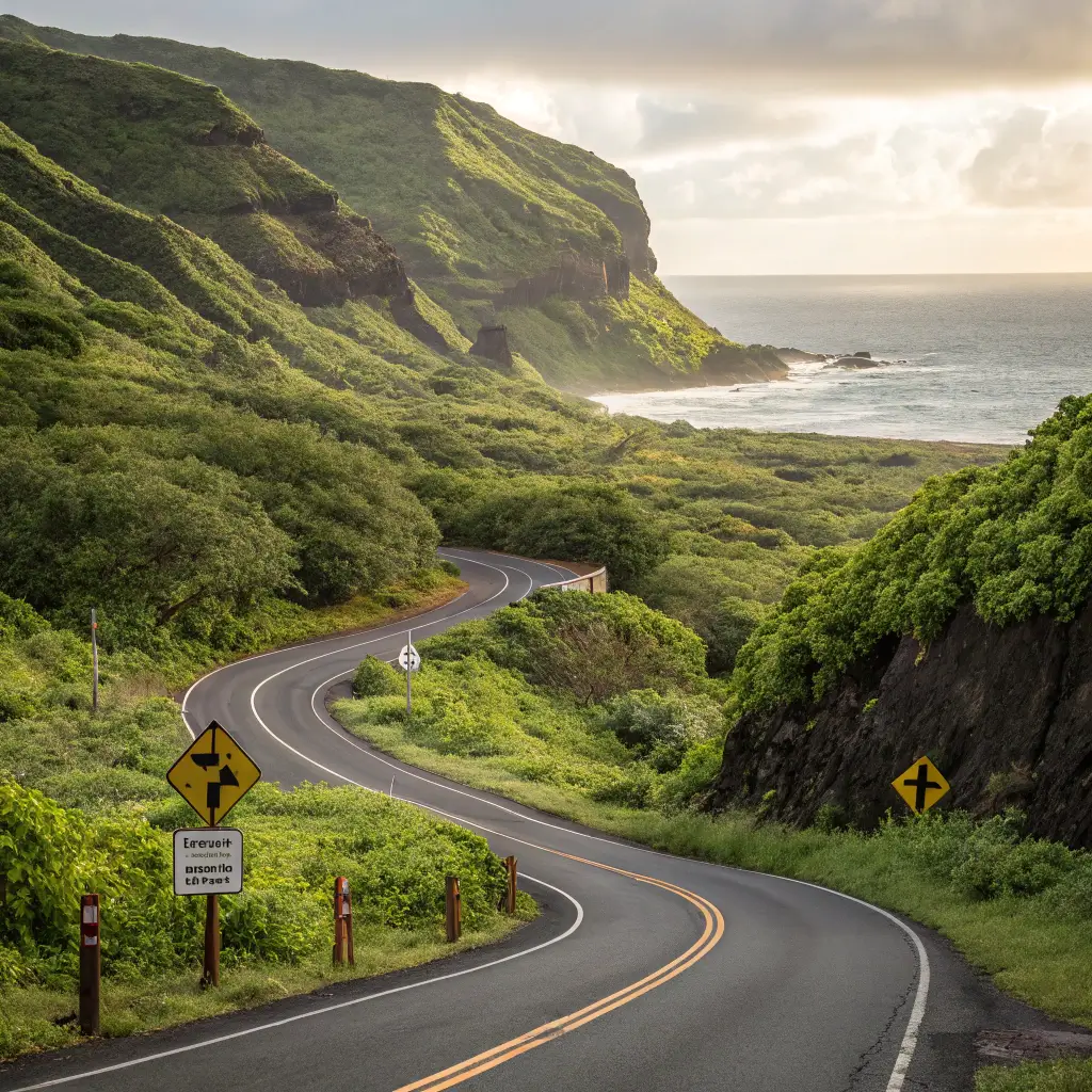 Scenic route to Papakolea Green Sand Beach with winding roads and lush greenery.