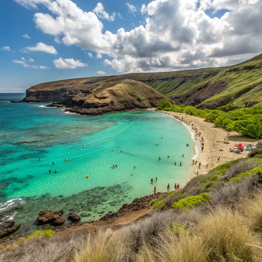Visitors enjoying swimming, snorkeling, and hiking at Papakolea Green Sand Beach.