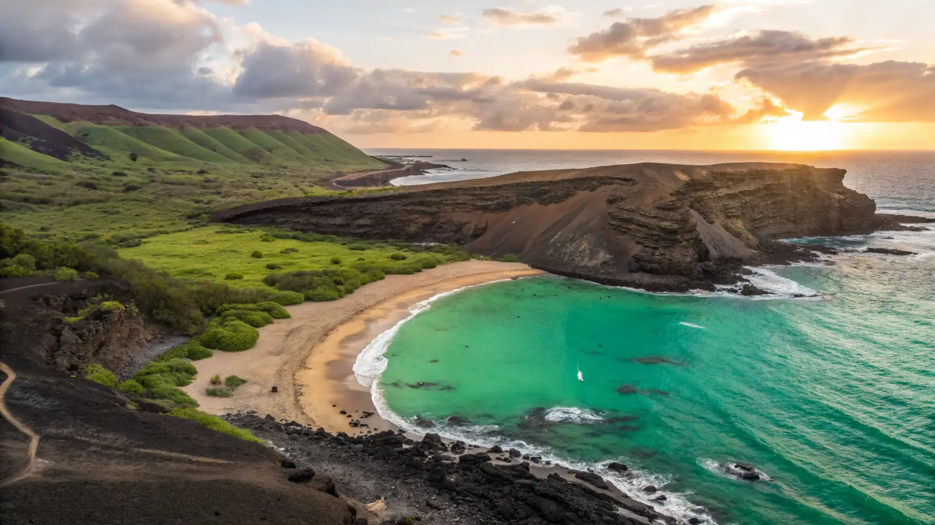 A stunning view of Papakolea Green Sand Beach with green sand, turquoise waters, and volcanic cliffs during sunset.
