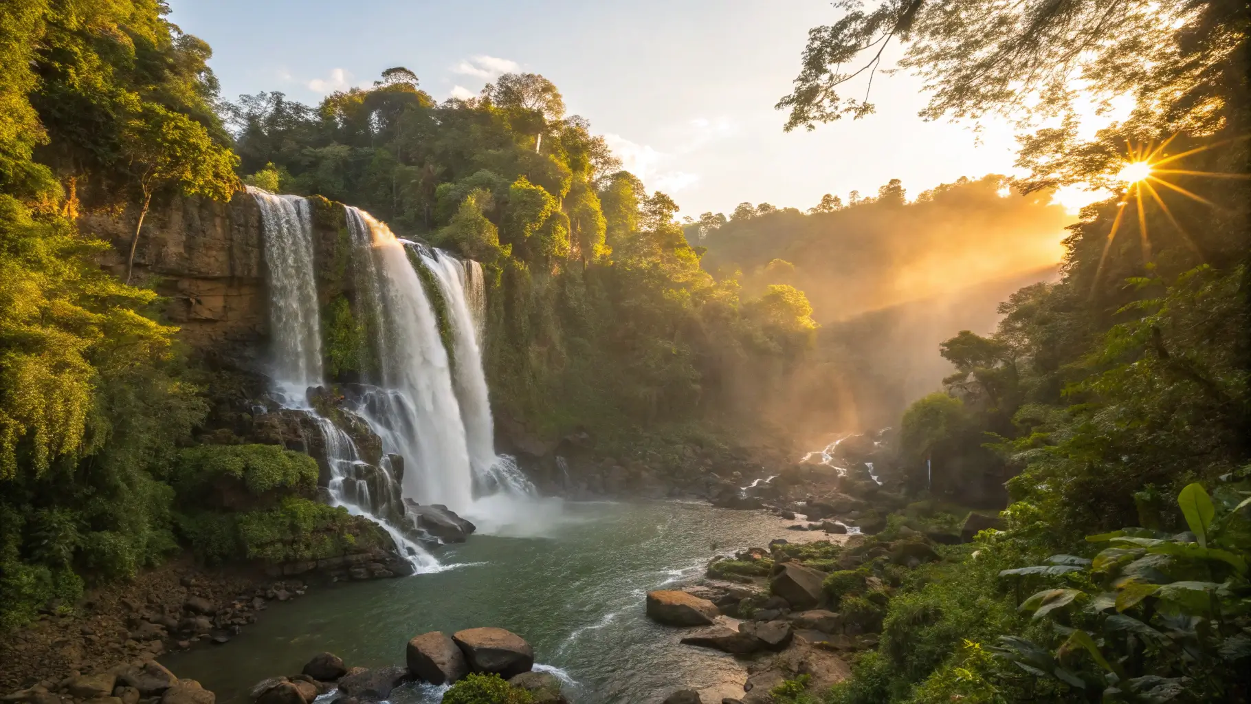Nauyaca Waterfalls illuminated by golden hour sunlight.