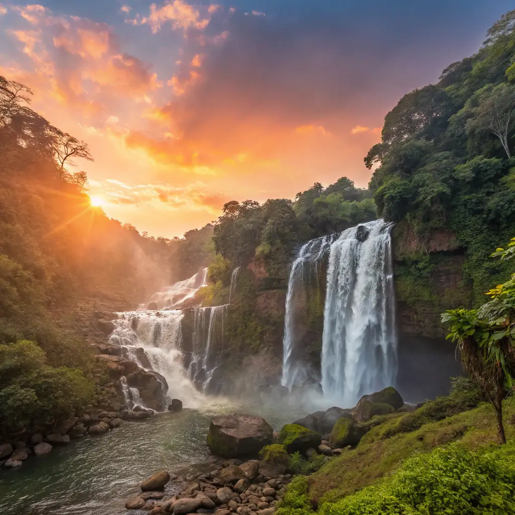 Panoramic view of Nauyaca Waterfalls at sunset.