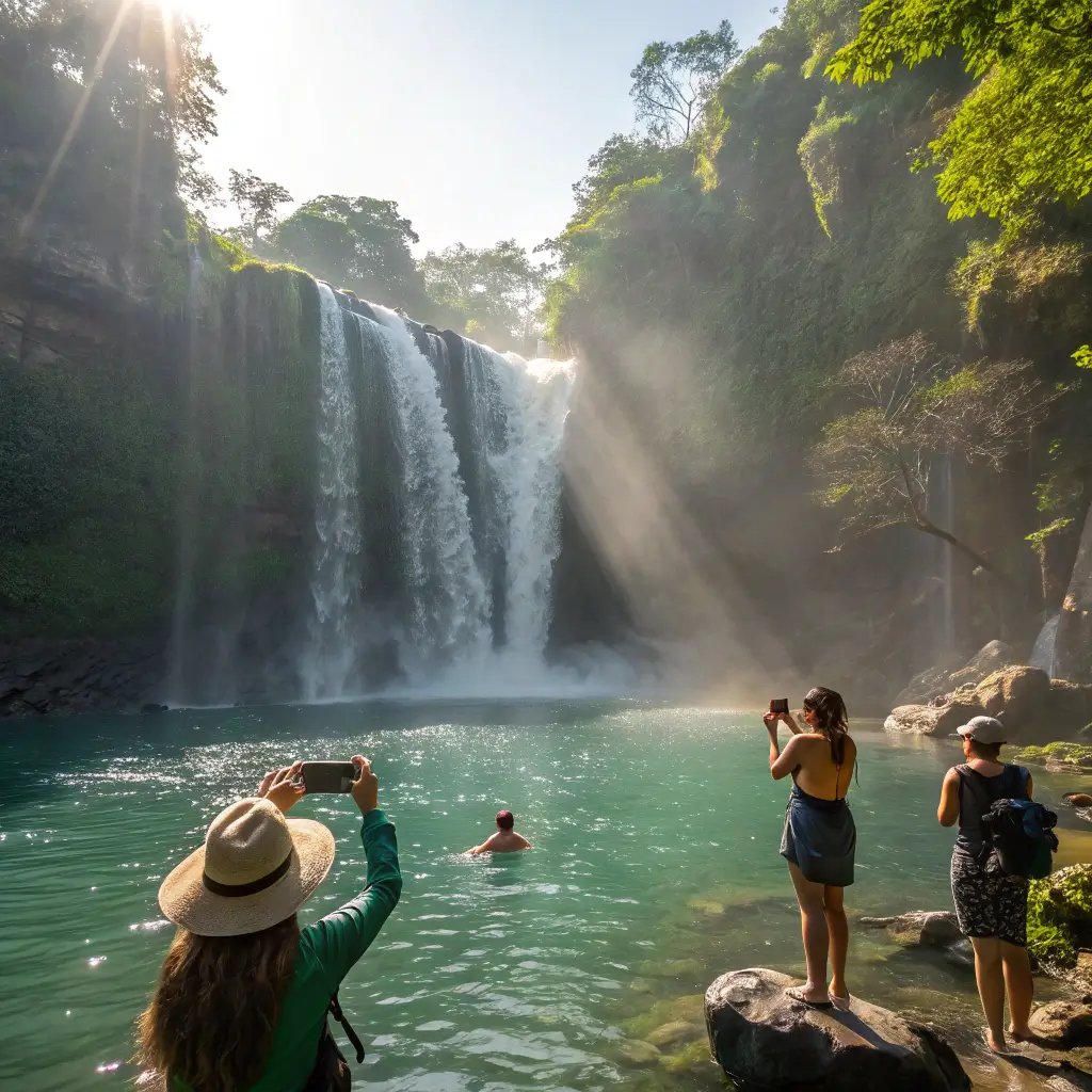Visitors swimming and enjoying the scenery at Nauyaca Waterfalls.