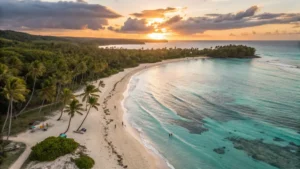 A stunning sunset view of a Puerto Rico beach with white sand and turquoise waters, surrounded by palm trees.