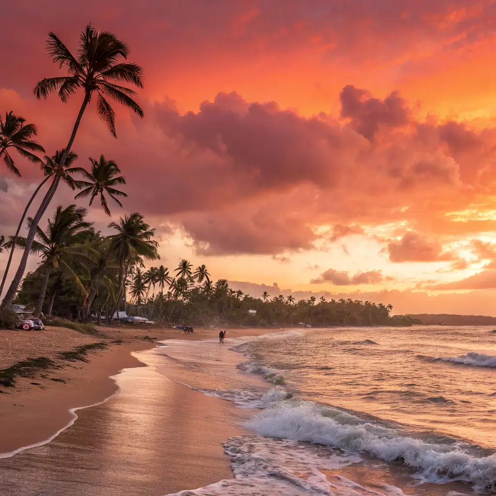 A breathtaking sunset view of a Puerto Rico beach, showcasing vibrant colors and tranquil waters.